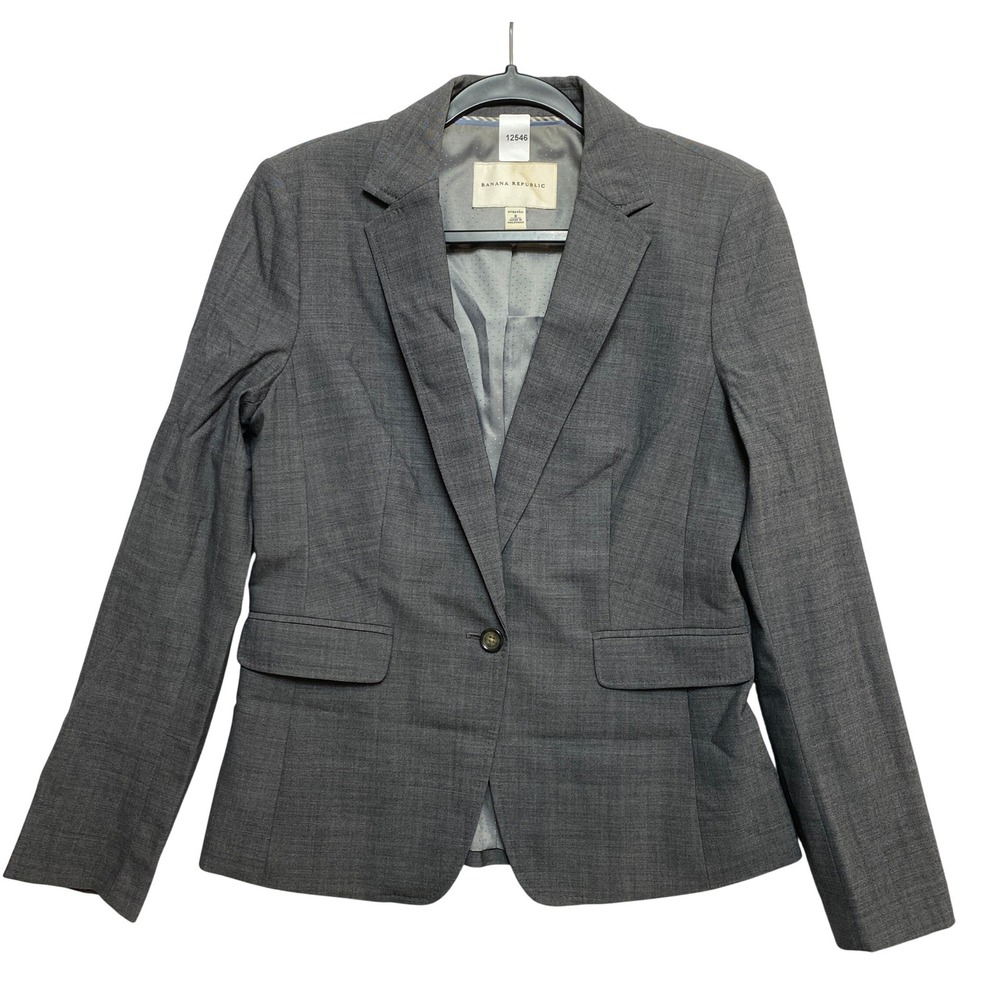 Banana Republic Wool Blazer Womens 8 Grey Stretch One Button Professional